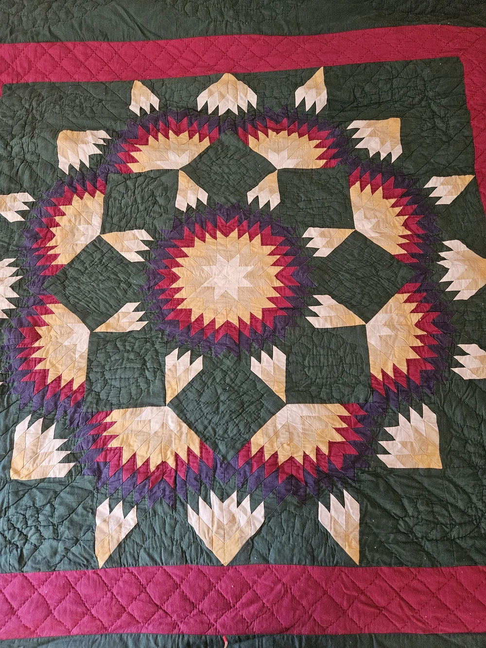 Vintage Green and Red Quilted Bedspread - Cabin Star Pattern